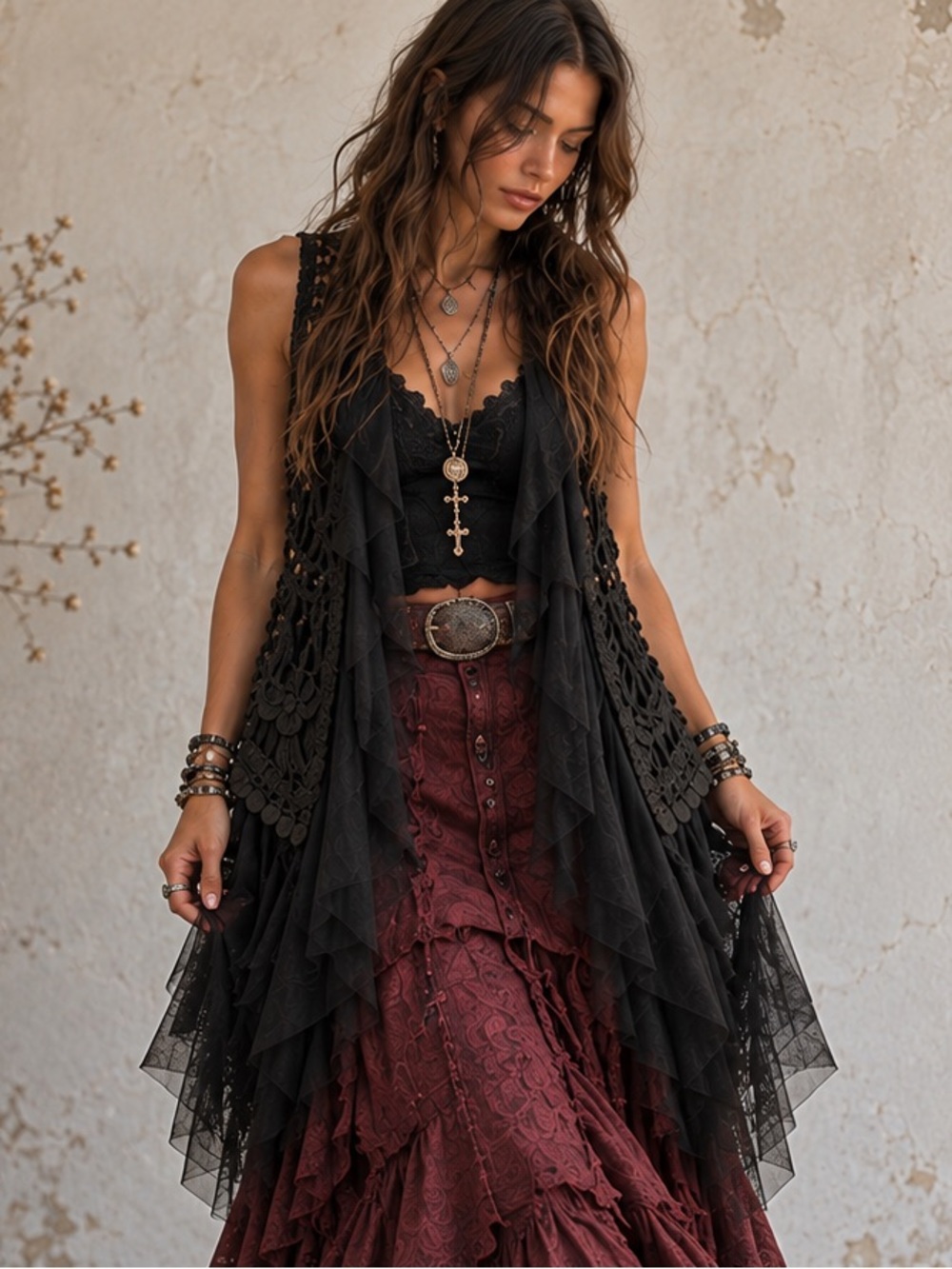 Black Mesh Embroidered Ruffle Sheer Tulle Vest M/L WhimsiGoth Boho Witchy Layers